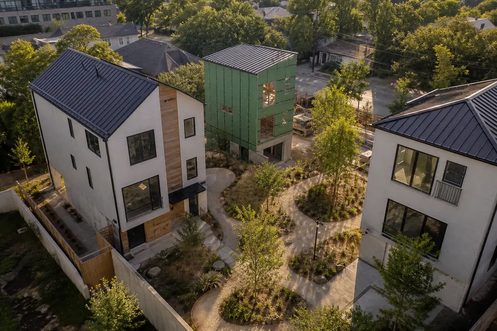 Concept study of a small Austin infill development around a native landscaped courtyard