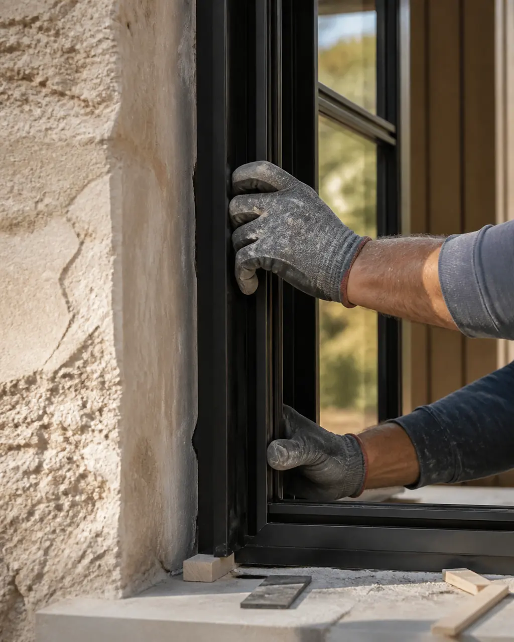 Concept study of a craftsperson installing a slim black steel window into limestone